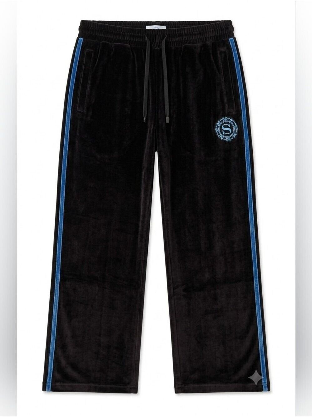 Premium Black Velvet Track Pants with Blue Stripe, Snover, L, NWT Streetwear